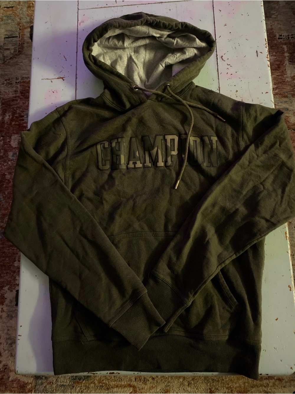 Champion Olive Crewneck Hoodie with Embossed Logo